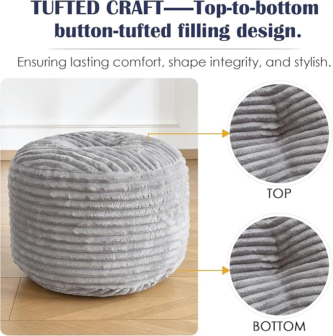 SHOUREN Stuffed Round Pouf Ottoman,Corduroy Foot Rest with Shredded Foam Filling, Lightweight and Fluffy Pouf Storage Ottoman for Living Room,Floor Poufs for Couch,18"x 14", Light Grey