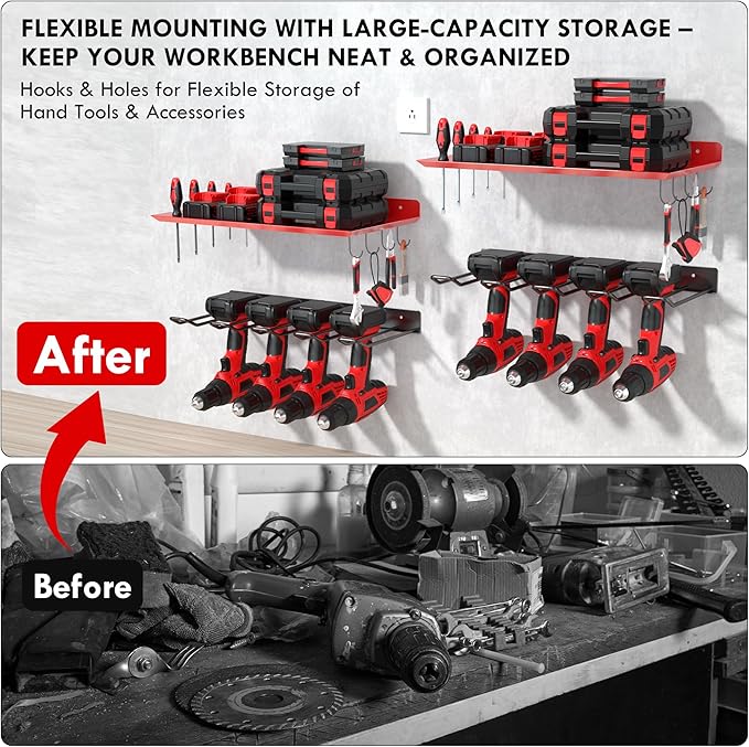 KSVO Wall Mount Power Tool Organizer, Metal Drill Holder for Garage, Workshop, and Shed, Heavy Duty Tool Storage Rack for Handheld & Cordless Tools (Red)