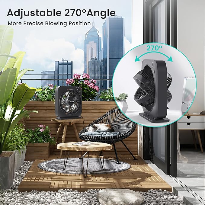 AMACOOL Table Fan, 12 inch Box Fan with 3 Speeds & 8HRS Timer, 270° Pivoting Quiet Air Circulator, Desktop Fan for Bedroom Bathroom Kitchen Office, AC Adapter Included, Co-Branded with Cmyfato-Black