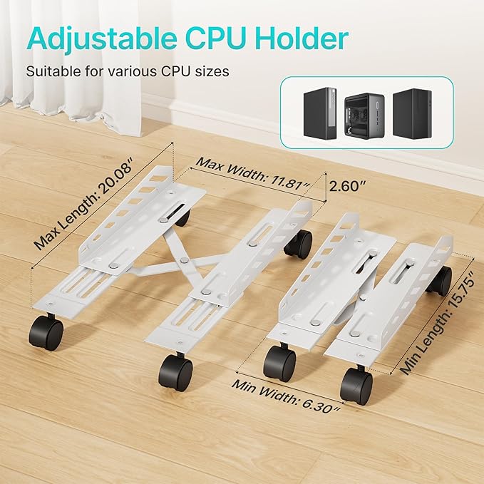 PEGZONE Adjustable PC Stand for Floor(400-510mm D, 160-300mm W), PC Tower Stand with 4 Caster Wheels, Ventilated Under Desk CPU Cart Holder for Office, Gamers, White