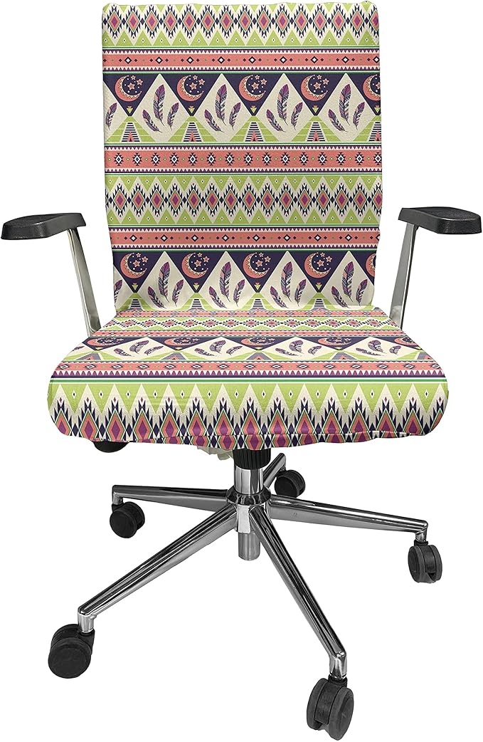 Ambesonne Aztec Office Chair Cover, Bohemian Composition of Crescent Stars and Feathers, Stretchable Decorative Universal Size High Back Printed Slipcover, Green Coral