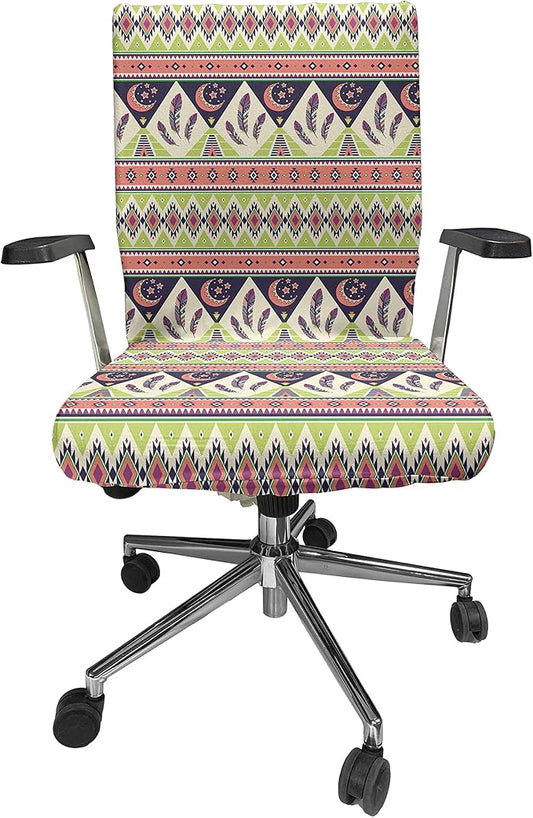 Ambesonne Aztec Office Chair Cover, Bohemian Composition of Crescent Stars and Feathers, Stretchable Decorative Universal Size High Back Printed Slipcover, Green Coral