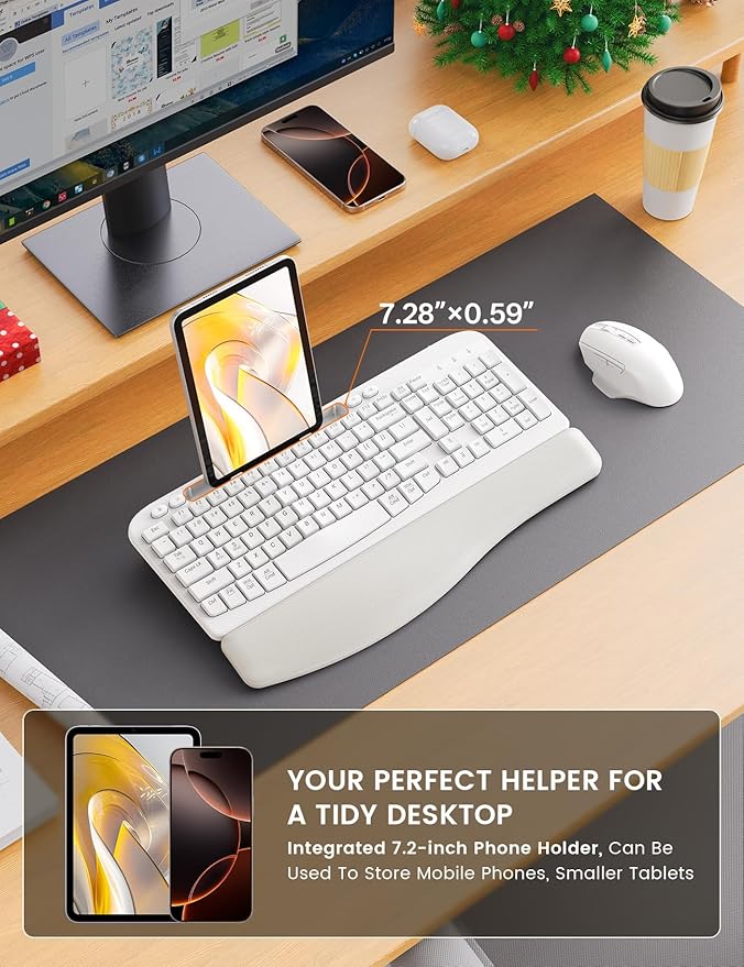 SABLUTE Wireless Keyboard and Mouse Combo, Ergonomic Wave Keys, Cushioned Palm Rest, Rechargeable, Phone Holder, Natural Typing, 2.4G Lag-Free, MA22 Plus Full Size Keyboards Set for Windows/Mac, White