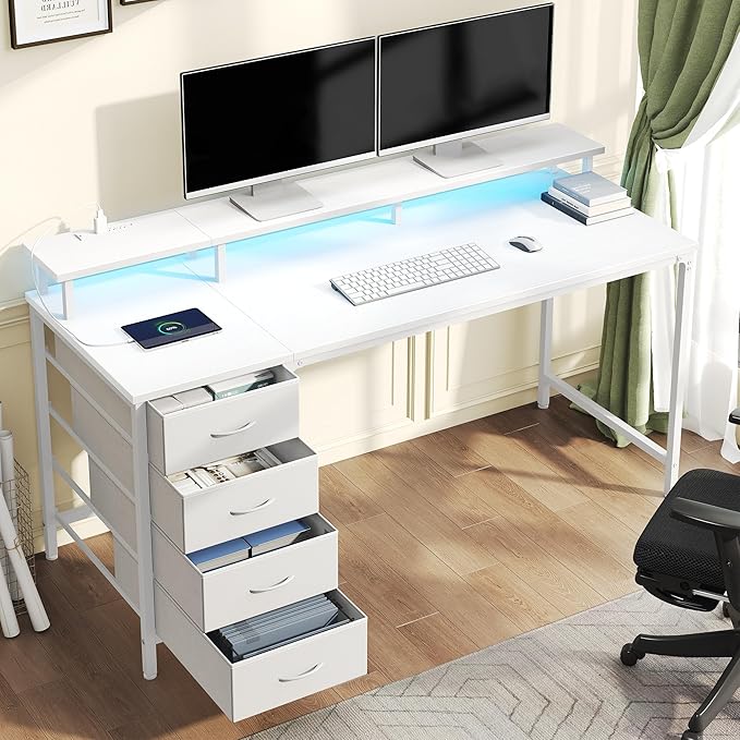 DUMOS 47 Inch Computer Desk with 4 Drawers,4 Drawer Gaming Desk with Power Outlets and LED Lights,Office Desk for Small Spaces with Monitor Shelf,Writing Desk for Home Office,Bedroom, Study,White
