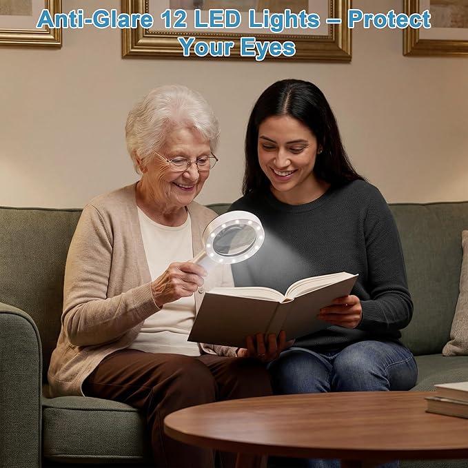 Nazano Magnifying Glass with Light, Ultra-Clear Lightweight Handheld Reading Magnifier with 12 LEDs, Distortion-Free Optical Lens for Seniors, Macular Degeneration, Close Work, Coins & Pill Bottles