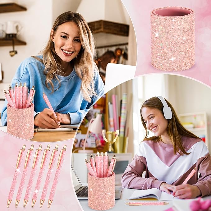 BBTO Bling Sequin Pen Holder with 6 Pcs Sequin Click Pens Cute Glitter Retractable Ballpoint Pens, Pencil Cups for Desk Organizer Makeup Brush Holder for Women Girls Classroom Offices(Light Pink)