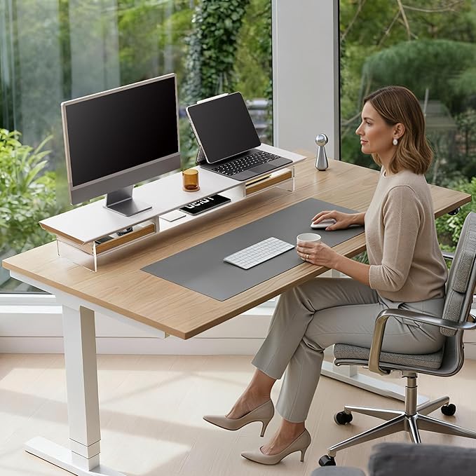 Fenge 42.5” Dual Monitor Stand with 2 Drawers, Metal Wood Monitor Riser with Acrylic Legs, 2-Tier Desktop Shelf Storage Organizer for Computer, Laptop, Printer, TV, White