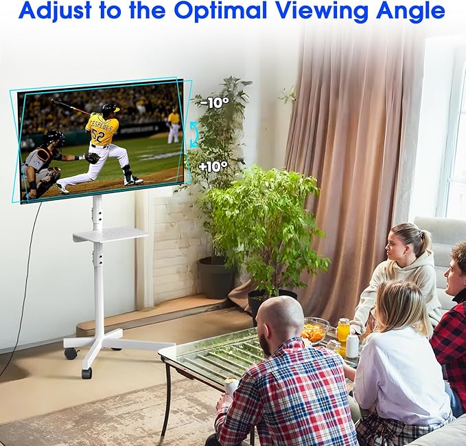 Mobile TV Stand for 23-60 Inch LCD LED OLED Flat Panel Curved Screen TVs up to 88 lbs, Tilt and Height Adjustable, Locking Rolling Wheels TV Cart with Shelf, Max VESA 400x400mm, White