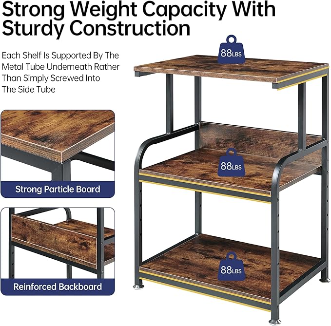 Fannova Printer Table Stand with Height Adjustable Shelf, 3 Tier Rolling Printer Cart with Wheels for Home Office Storage and Organization, Industrial Style