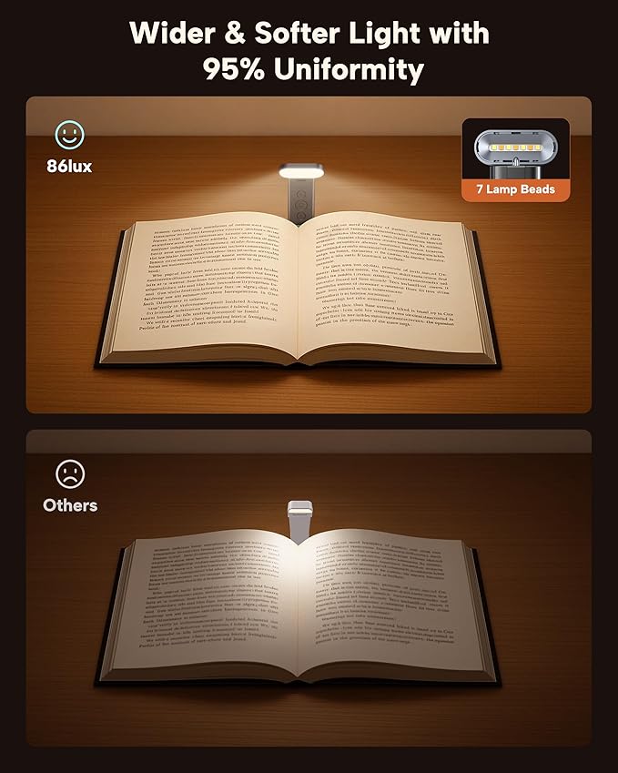 86lux Book Light, Reading Light for Book in Bed, USB Rechargeable LED Night Light with 3 Colors & Stepless Dimming, Aluminum Alloy Bookmark Light for Book Lovers, Technology Black
