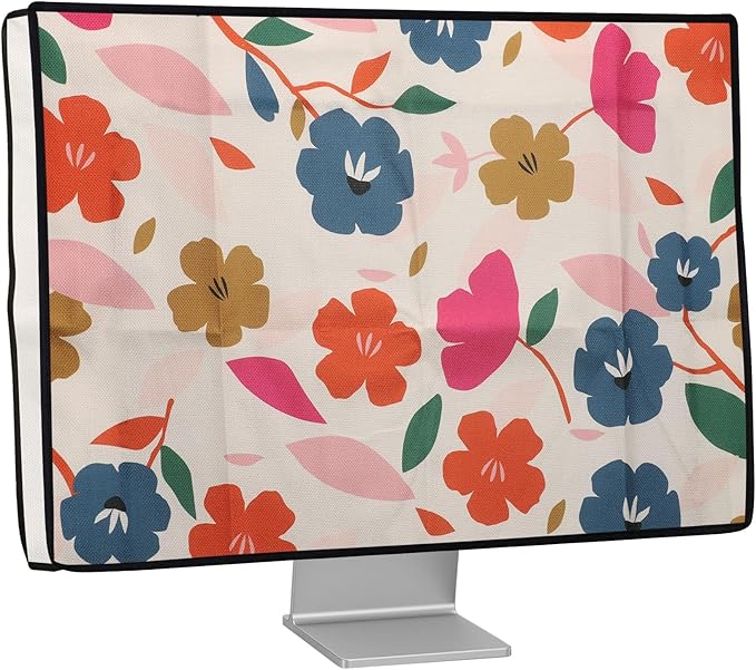 kwmobile Dust Cover for 31-32" monitor - Linen Monitor Protector with Design - Colorful Flowers Dark Pink/Dark Blue/Cream