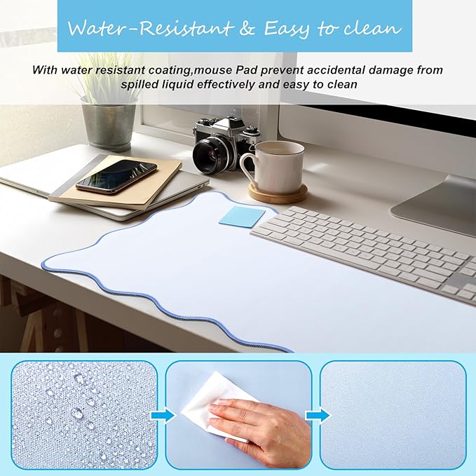 Hahafelt Scalloped Desk Mat Large Scalloped Piping Cute Desk Mat Aesthetic Preppy Table Pad Large Nonslip Pad with Edge Stitching Waterproof Gaming(Blue,36 x 17 Inches)