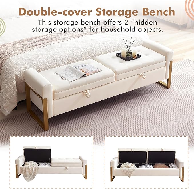 67" End of Bed Bench King Size, Velvet Storage Bench for Bedroom Foot of Bed, Double Lids Storage Bench with Golden Legs, Upholstered Ottoman Bench for Living Room Window Entryway, Cream