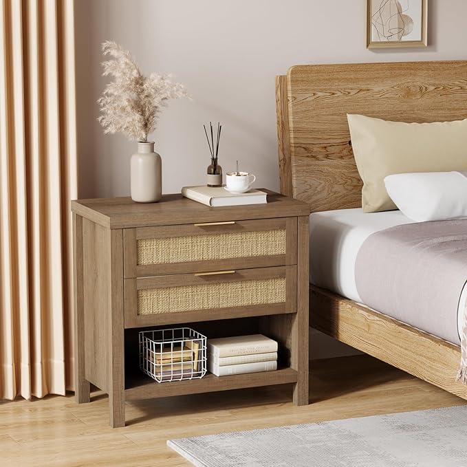 Eclatara Rattan Nightstands Set of 2, Farmhouse Bedside Table with 2 Drawers and Storage Shelf, Rattan Boho Accent Night Stands for Bedroom Large Space Sofa (2, Reclaimed Caramel Oak)