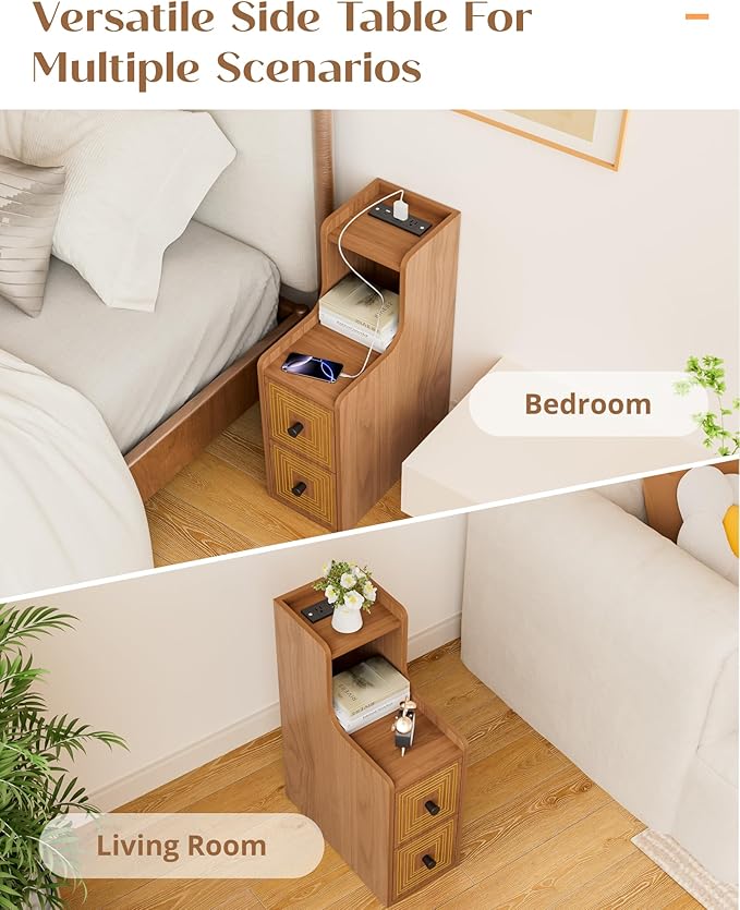 Set of 2 Narrow End Table with Charging Station, Slim Side Table with Gilt Line, Mid Century Modern Nightstand with Drawers for Living Room, Walnut