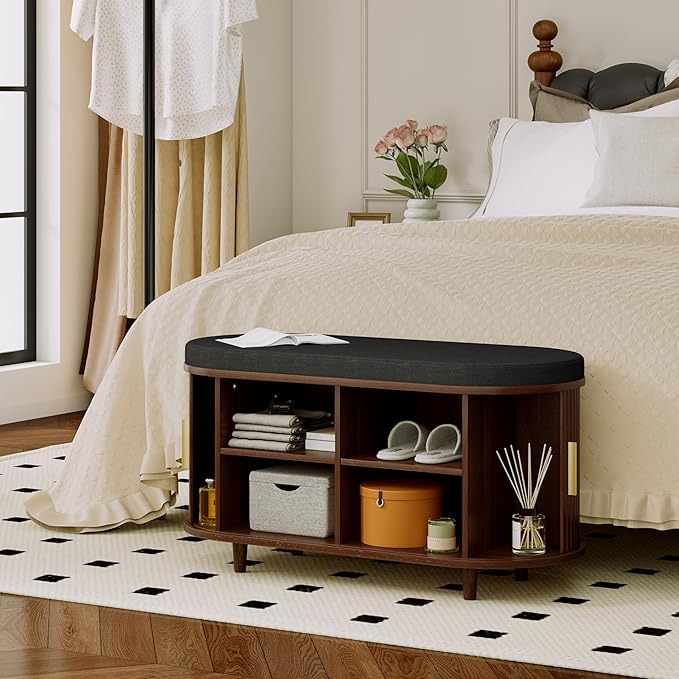 DHH 2-Tier Storage Bench,Wide Shoe Bench with Thickened Padded Seat Cushion, Mid Century Modern Fluted Sliding Door and Adjustable Shelf, for Entryway, Living Room, Bedroom (Walnut, 35.4“)