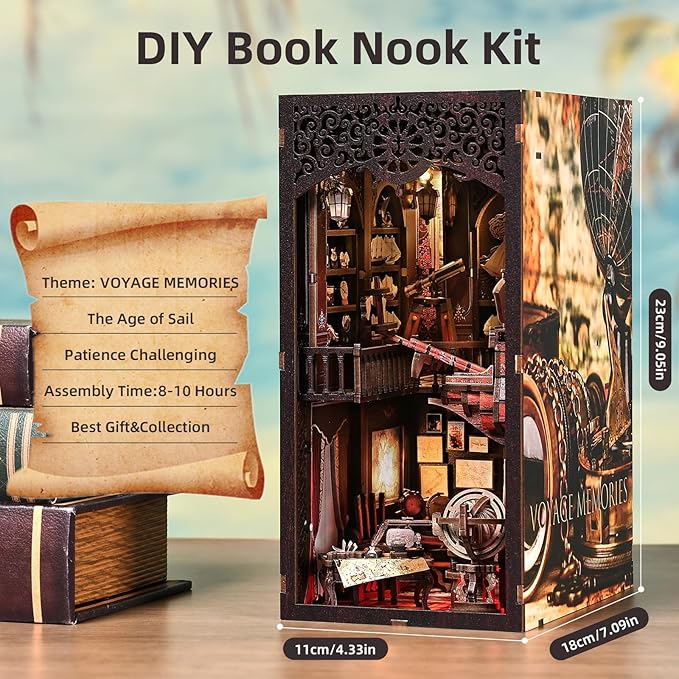 TOYQI Book Nook Kit, Book Nook Kits for Adults, DIY Miniature Dollhouse Kit 3D Wooden Puzzle Booknook Bookend with LED Light