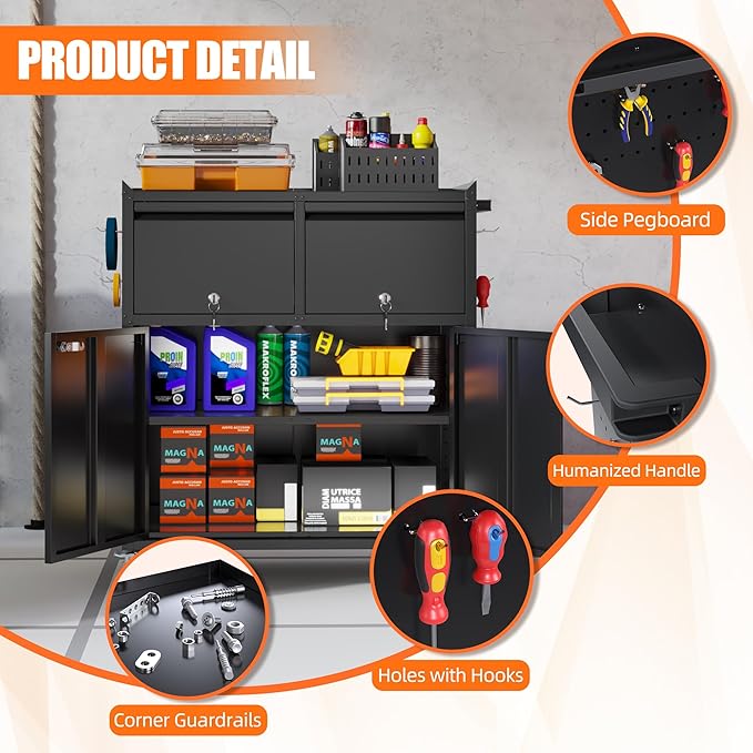 Aobabo Rolling Metal Storage Cabinet with Wheels, Heavy Duty Steel Garage Tool Cabinet with 2 Drawers, Pegboard & 4 Hooks, Lockable Mobile Organizer with Adjustable Shelves, Black, Assembly Required