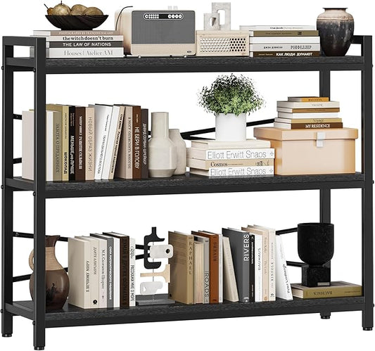 3 Tier Bookshelf 39.37" Width, Dorm Desk Hutch, Desk Shelf, Long Industrial Bookcase, Wooden Large Book Shelf for School Home Living Room Bedroom Office Storage(Black)