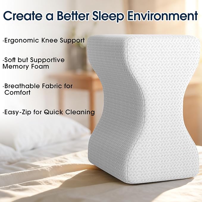 BlissTrends Memory Foam Knee Pillow, Knee Pillow for Side Sleepers, Leg Pillows for Sleeping Blood Circulation, Elevation Pillow for Spine Aligning, Sciatica, Hip, Knee, Ankle Pain, White, Medium