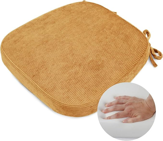 2.5" Thick Chair Cushions for Dining Chair, Corduroy High Density Foam Kitchen Chair Pads, U Shaped Indoor Seat Cushions with Ties & Non-Slip Backing, Washable Cover, 17''x16.5'', Yellow