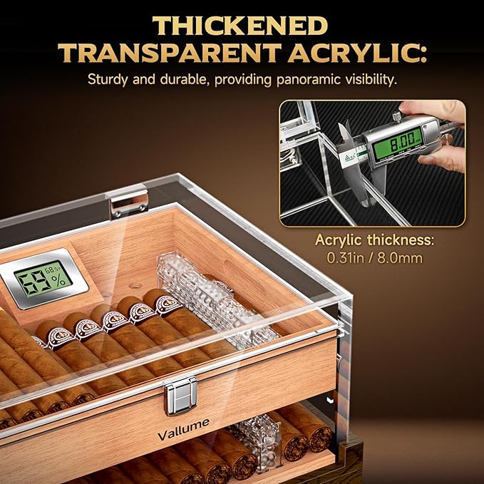 VALLUME Acrylic Humidor Box,High-Definition Transparent Cigar Case,Lock Latches and 90-Degree Opening Hinges Cigar Box,Cigar Accessory Drawer,Digital Hygrometer and Humidifier,Holds About 50-60 cigars