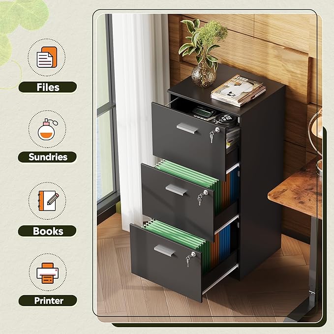 DEVAISE 3 Drawer File Cabinet, Vertical Wood Filing Cabinet with Lock for Home Office, Printer Stand for Letter and A4 Size, Black