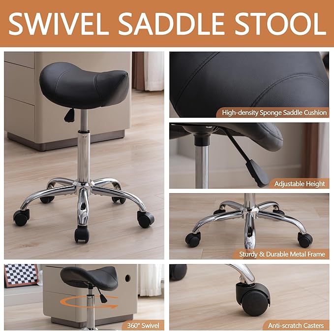 FIRAVOE Saddle Stool, Swivel Saddle Stools with Wheels, Adjustable Rolling Stool 18"-26", Faux Leather Rolling Saddle Stool for Salon, Massage, Clinic, Lab, Office (Black, 1PCS (18"-26"))