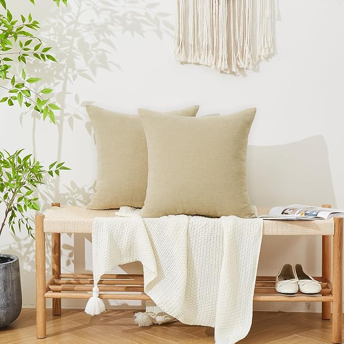 GAWAMAY Decorative Chenille Throw Pillow Covers 26x26 Inch Pack of 2, Soft Square Couch Pillow Cover for Sofa Cushion Living Room Bedroom Solid Dyed Oversized Pillowcases Khaki 66x66cm (ONLY Covers)