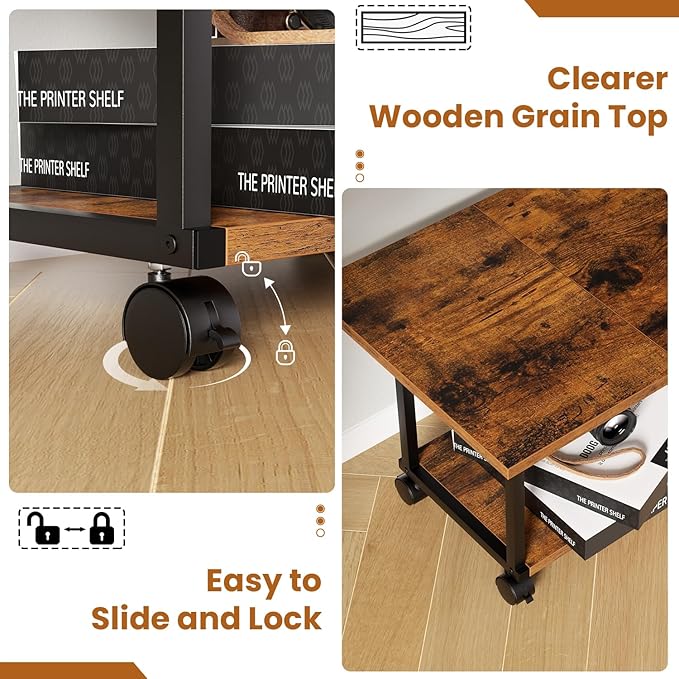 Asgolion Printer Table, 2-Tier Under Desk Printer Stand with Charging Station, Printer Stand with Wheels, Printer Shelf for Small Spaces, PrinterCart for Home Office Rustic Brown
