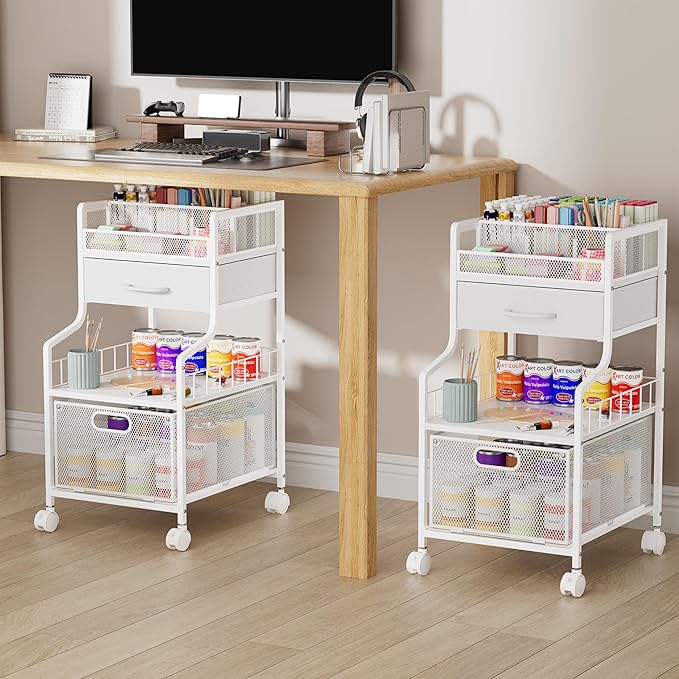 SWTYMIKI Rolling Under Desk Storage - Storage Cart with Drawers & DIY Divider - Art Cart Organizer on Wheels - Craft Rolling Utility Cart for Office, Craft Room & Studio White
