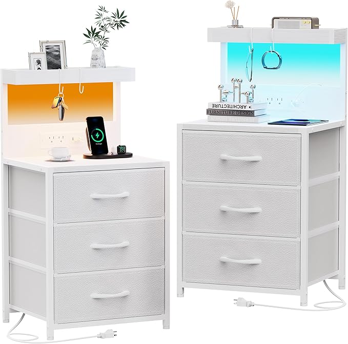 Night Stand with Charging Station Set of 2, LED Nightstand Bedside Table with USB Ports and Outlets, 3 Fabric Drawer End Side Table Night Stand Set 2 for Bedroom with Storage Shelf and 2 Hooks, White