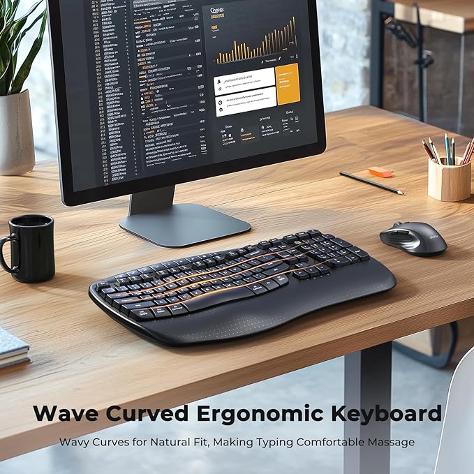 MEETION Ergonomic Keyboard and Mouse, Wave Keys Natural Typing, 2.4G USB Receiver Wireless Keyboard with Wrist Rest, 4 Adjustable DPI Optical Mouse, Computer/Laptop/Windows/Mac, Black