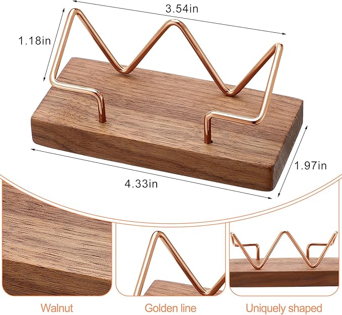 Amyhill 2 Pieces Wood Business Card Holder for Desk Wooden Business Card Display Stand Postcard Holder for Office Home Desktop (Walnut Color, Rose Gold)