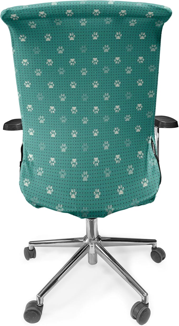 Ambesonne Paw Print Office Chair Cover, Modern Design Pattern of Animal Step Marks with Tiny Squares, Stretchable Decorative Universal Size High Back Printed Slipcover, Teal Ivory