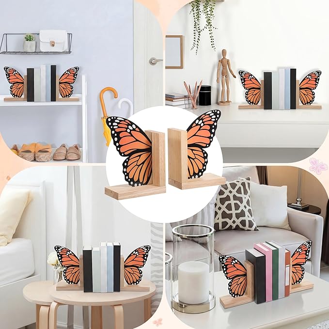 Decorative Butterfly Bookends Wooden Acrylic Butterflys Bookend Modern Bookshelf Decor Accent Book Stopper Decor for Home Farmhouse Shelves Office Lover Gift (Monarch Butterfly)
