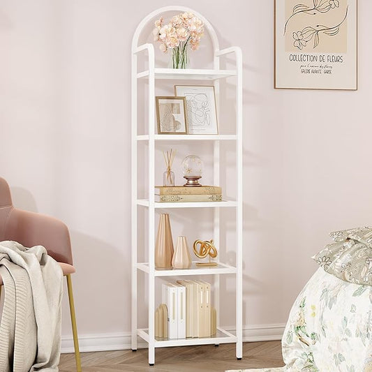 Hzuaneri Bookcase Bookshelf, Tempered Glass Bookshelves, Slim Shelving Unit for Bedroom, Bathroom, Home Office, Steel Frame, 5 Tier White BC05099W