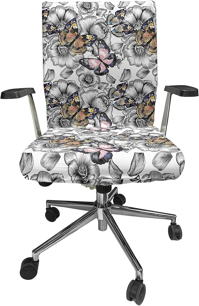 Ambesonne Butterfly Office Chair Cover, Monochrome Floral with Colorful Summer Season Animal Blooming Flowers, Stretchable Decorative Universal Size High Back Printed Slipcover, Pink Orange
