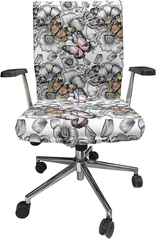Ambesonne Butterfly Office Chair Cover, Monochrome Floral with Colorful Summer Season Animal Blooming Flowers, Stretchable Decorative Universal Size High Back Printed Slipcover, Pink Orange