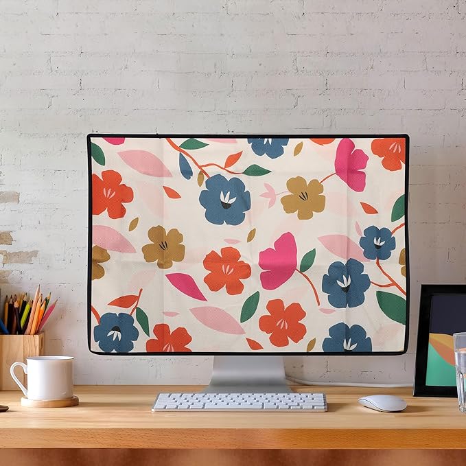 kwmobile Dust Cover for 27-28" monitor - Linen Monitor Protector with Design - Colorful Flowers Dark Pink/Dark Blue/Cream