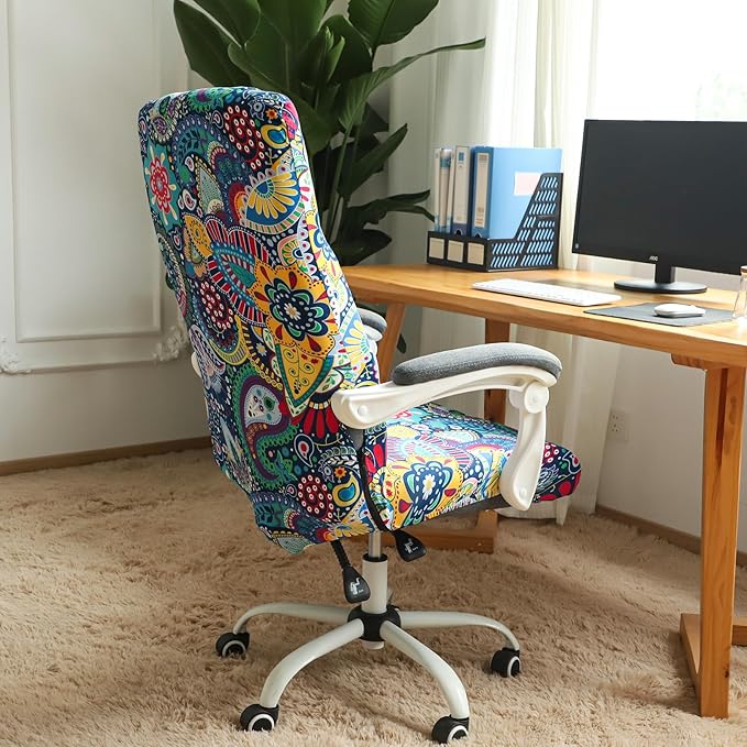 FORCHEER Large Office Chair Cover Stretchable Boho Printed Computer Chair Cover Armrest Office Desk Chair Slipcover Washable Durable