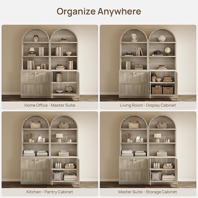 SICOTAS 81" Arched Bookcase, Large Book Shelf with Storage, Modern 5-Tier Arched Cabinet with Adjustable Shelves & Cable Management for Home Office Library Living Room Kitchen, Grey White Oak, 2 PCS