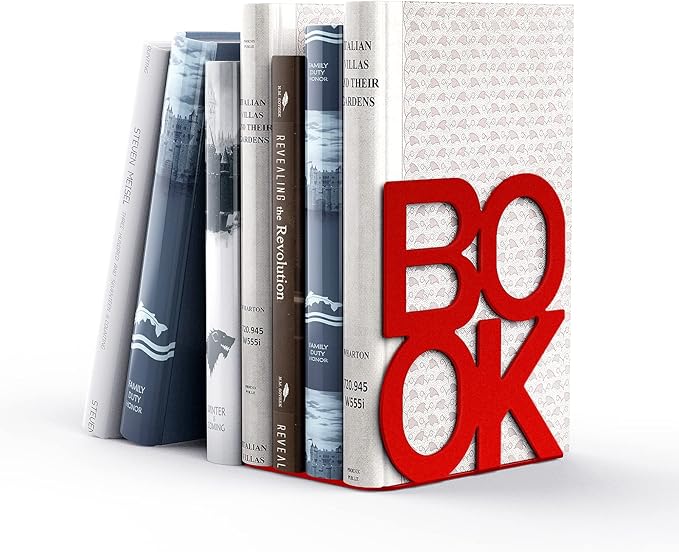 Book Ends - Decorative Metal Book Ends Supports for Bookrack Desk,Books, Unique Appearance Design,Heavy Duty (Red, 8 Pair)