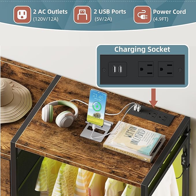 HIGDBFE Dresser with Hanging Rack, 8-Drawer Dresser for Bedroom with Charging Station & LED Lights, Fabric Dressers with Shoe Rack, Rustic Brown, 11.8" D x 42" W x 42.7" H (8 Drawers)