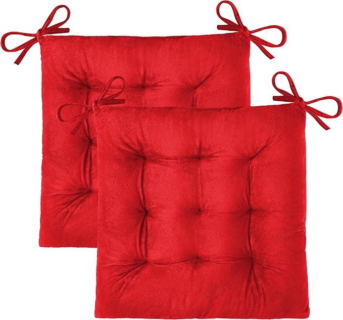 OVOV 2 Pack Chair Cushions for Dining Chairs Soft Seat Cushions for Kitchen Desk Chairs Square Chair Pads with Ties (15.5"x15.5" Red)