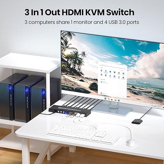 4K60Hz HDMI KVM Switch 1 Monitor 3 Computers, USB 3.0 3 Port KVM Switch - Control 3 Computers with 1 Monitor, Keyboard and Mouse, 4-Port USB 3.0 Hub
