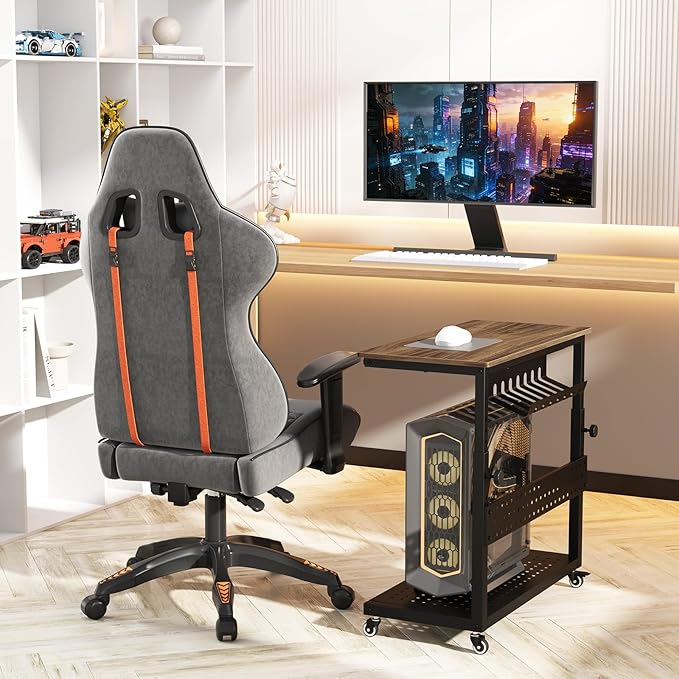 Computer Tower Stand, 11 Level Height Adjustable PC Stand with Line Storage Rack, Mobile Rolling CPU Holder Cart for Gaming Office Home (Rustic Brown)