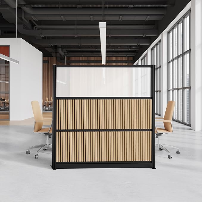 Room Divider for Office Privacy – Modular Freestanding Acoustic Office Partition with PET Sound Dampening Panels and Faux-Wood Slats, 70” x 70”, Grove Sound Dampening Wall, Black Frame, Easy Assembly