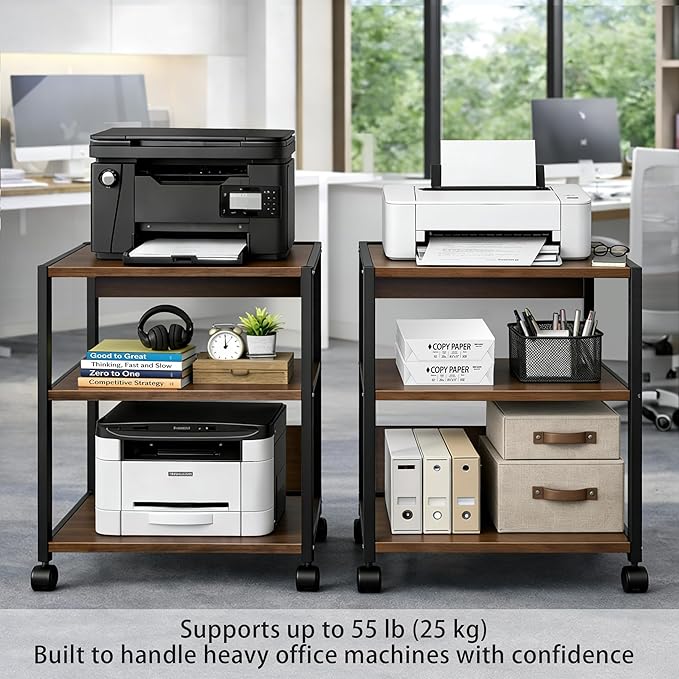 3-Tier Printer Stand with Storage, Adjustable Shelves, Lockable Wheels, Stable Steel Frame for Home & Office Rustic Brown & Black