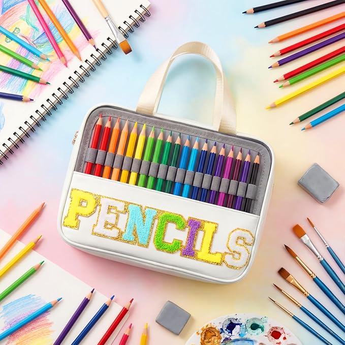 Hillban 108 Slots Large Colored Pencil Case with Chenille Letter Patch Extra Large Capacity Interlayer Pencil Holder Organizer with Handle Zipper Portable Storage Bag Graduation Gift for Artist(White)